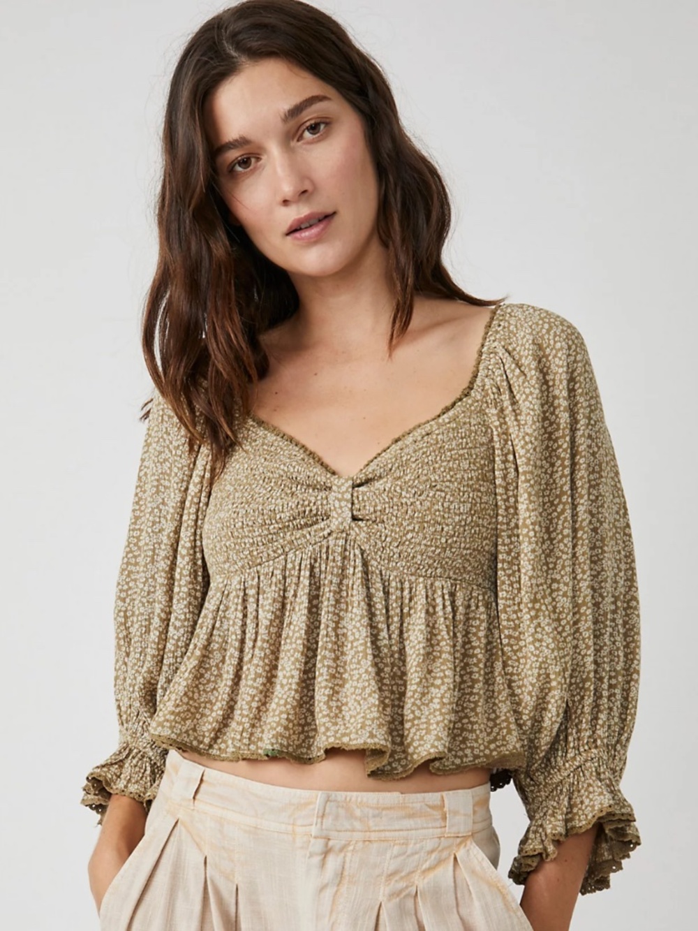 Free People Brittnee Print Brown Floral Smocked Hem Boho Top M